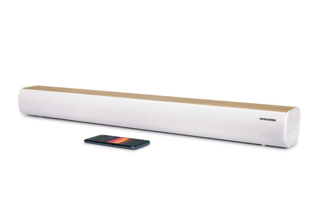 Thomson SB401BT heliriba – 200 W koguvõimsus – Bluetooth 5.0 – Optiline, USB ja AUX sisend – EQ eelhäälestused – Kaugjuhtimispult – LED-allikaindikaator – Seinale kinnitatav – Valge ja puidust disain