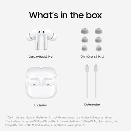 Samsung Galaxy Buds3 Pro juhtmevabad Bluetooth-kõrvaklapid, aktiivne mürasummutus (ANC), adaptiivne mürasummutus, 360° heli, kõrvasisesed kõrvaklapid Hi-Fi heliga, valged, kaasas Anymode läbipaistev kate