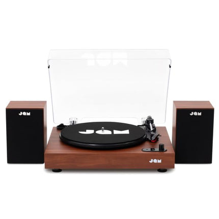 JAM Turntable with Speakers – Bluetooth Record Player with Bookshelf Speakers, 3-Speed ​​Vinyl Player with Dust Cover, Pre-Adjusted Tonearm, Vinyl Cleaner Included, Walnut