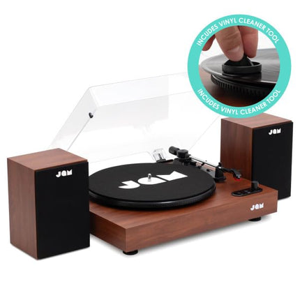 JAM Turntable with Speakers – Bluetooth Record Player with Bookshelf Speakers, 3-Speed ​​Vinyl Player with Dust Cover, Pre-Adjusted Tonearm, Vinyl Cleaner Included, Walnut