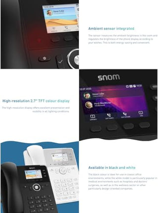 Snom D717 IP-telefon, SIP-lauatelefon (3 isemärgistavat funktsiooniklahvi, kõrglahutusega värviline TFT-ekraan, integreeritud valgussensor, PoE IEEE 802.3af), must, 00004397
