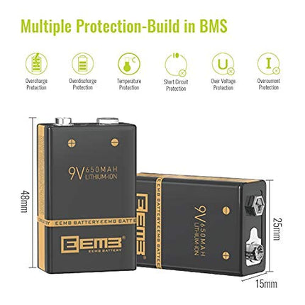 EEMB Rechargeable 9V Block Batteries 650mAh with USB Charging Cable 4-Pack Lithium Li-Polymer Smoke Detector Battery for Keyboard Microphone Smoke Alarm/Detector Guitar Cameras Toys (4)