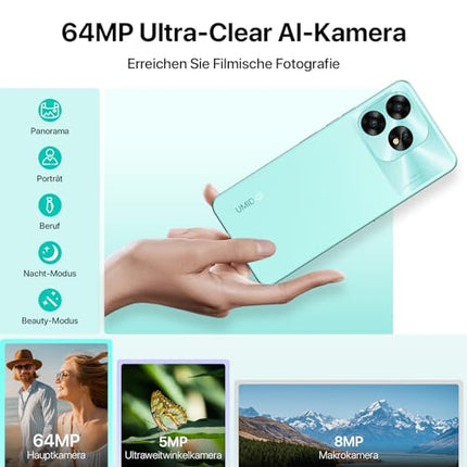 UMIDIGI A15 nutitelefon NFC-ga, 256 GB (kuni 2 TB) + 16 GB, Android-telefon, 64 MP + 16 MP, 6,7-tolline HD+ ekraan, lepinguta, 5000 mAh + 20 W kiirlaadimine, 4G kahe SIM-kaardiga lukustamata telefonid, roheline