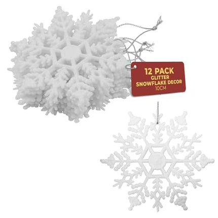 Festive Fix 10 cm Hanging Glitter Snowflake Decorations in 12 Pieces in White - Snowflake Christmas Decorations for Holiday and Party | Snowflake Decorations to Hang for