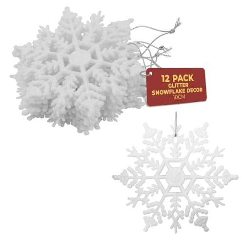 Festive Fix 10 cm rippuvad sädelevad lumehelveste kaunistused 12 tükis valges värvitoonis - lumehelveste jõulukaunistused pühadeks ja pidudeks | Lumehelveste kaunistused riputamiseks