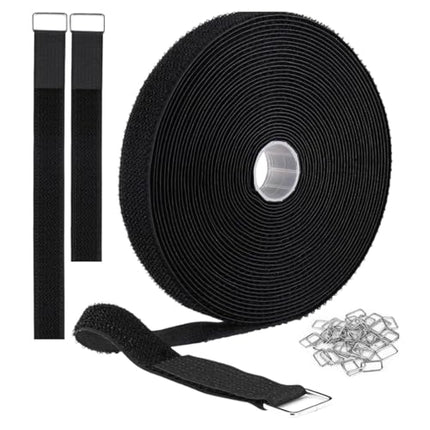 Reusable cable ties with 25 metal buckles, free cutting length, durable nylon, hook and loop fastener, securing strap for wire management, yoga mats, cord organizer, black