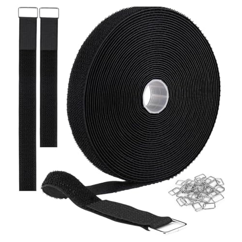 Reusable cable ties with 25 metal buckles, free cutting length, durable nylon, hook and loop fastener, securing strap for wire management, yoga mats, cord organizer, black