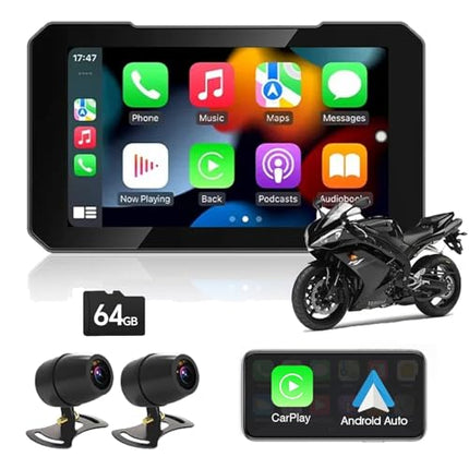 Pancarmate GPS Moto 5-tolline (12,7 cm) HD puutetundlik ekraan, veekindel IP68 – ühildub Apple CarPlay, Android Auto, Huawei HiCariga – esi- ja tagakaamerad 150° – universaalne kinnitus – integreeritud