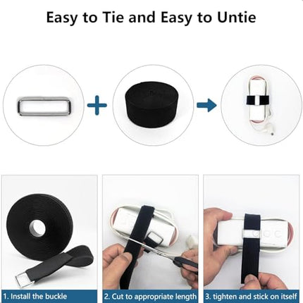 Hook and Loop Cable Ties, 5 m x 2 cm, with 25 Metal Buckles, Adjustable Cuttable Fastening Straps for Home, Office, Car, Wire Organization