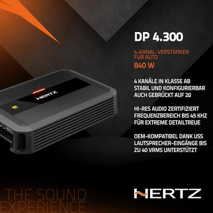Hertz Dieci Power DP 4.300 – 4-kanaliline AB-klassi võimendi, mille RMS-võimsus on 4 × 105 W 2 Ω juures, Hi-Res Audio sertifikaat, reguleeritavad kõrg- ja madalpääsfiltrid (50–4000 Hz)