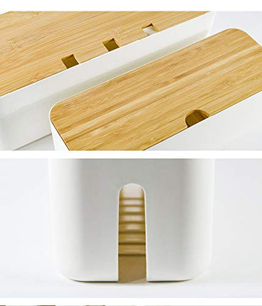 Kaablikarbi pistikupesa kaablikoguja hoiukarp kaabli haldamiseks laadimiskaabli jaoks, ABS-plastist ventilatsiooniga, puidust tekstuuriga korraldaja 36 x 13,5 x 13 cm (valge L)
