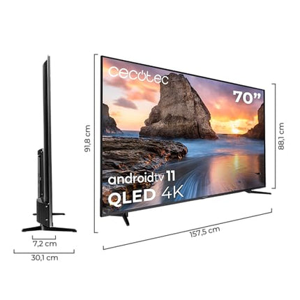 Cecotec QLED 70-tolline nutiteler V1+ seeria VQU11070+. 4K UHD, Android 11, raamita kujundus, Dolby Vision ja Atmos, HDR10, lai värvigamma 96%, 2 x 12 W kõlarit, 12 W subwoofer, 2 x kaugjuhtimispulti.