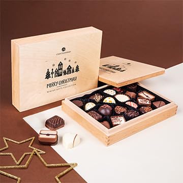 CHOCOLISSIMO - Šokolaadikink - 20 käsitööšokolaadi puidust karbis, alkoholivaba, jõulušokolaad, jõulukink, alkoholivaba, lastele, naistele, meestele - Xmas Premiere Midi