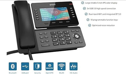 Snom D865 IP-telefon, SIP-lauatelefon, 5-tolline IPS-värviline ekraan 1280 x 720 pikslit, 12 SIP-identiteeti, 10 programmeeritavat funktsiooniklahvi, WiFi NFC, Bluetooth, 3-aastane tootjagarantii, must, 00004536