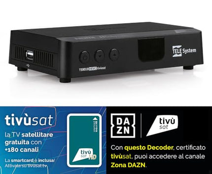 Tele System TS9018HEVC Tivùsat HD Classic satelliitdekooder: juurdepääs enam kui 70 tasuta HD-kanalile, Serie A DAZN Zone'is, automaatsed kanalite värskendused - kiipkaart on kaasas