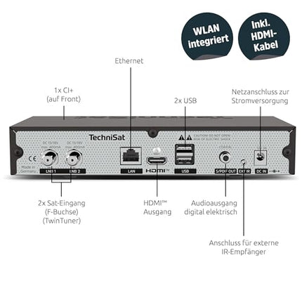 TechniSat DIGIPLUS UHD S2-4K satelliitvastuvõtja tähtnumbrilise ekraani ja kahe tuuneriga (DVB-S/DVB-S2, HEVC, H.265, PVR salvestusfunktsioon, WLAN, LAN, CI+, USB, OLED) must