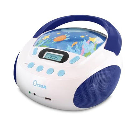 mooov 477170 CD Player for Children with Speakers, USB, Headphone Jack, AUX-IN Port - Boombox CD Player Portable - Mains or Battery Operated - Ocean Model - Blue/White