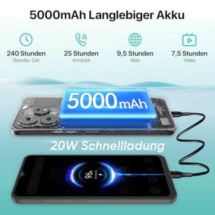 UMIDIGI A15 NFC mobiiltelefonid, 16 GB + 256 GB (kuni 2 TB) mobiiltelefon, 64 MP + 16 MP, 6,7-tolline HD+ ekraan, 5000 mAh + 20 W kiirlaadimine, Android nutitelefon 4G kahe SIM-kaardiga lukustamata mobiiltelefonid - hall (hall)