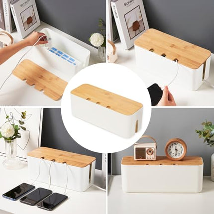 Cable management box, cable organizer with bamboo lid, white cable box for hiding power strips and electrical devices