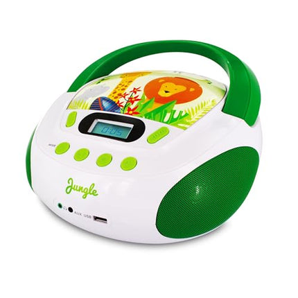 mooov 477144 CD-mängija lastele kõlarite, USB, kõrvaklapipesa ja AUX-IN-pordiga - kaasaskantav Boombox CD-mängija - vooluvõrgust või patareidest töötav - džunglimudel - roheline/valge