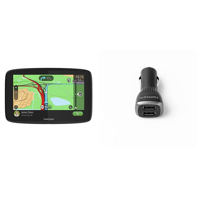 TomTom GO Essential navigatsiooniseade ja kahe USB-ga auto kiirlaadija, 2,4 A pordi kohta, sobib kõikidele TomTomi navigatsiooniseadmetele ja teistele USB-seadmetele, näiteks nutitelefonidele või tahvelarvutitele.