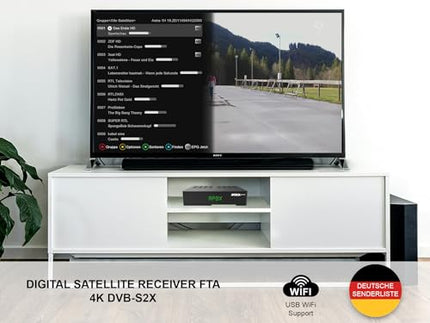 APEBOX S2X 4K, UHD satelliitvastuvõtja FTA (DVB-S2X - ARD ja ZDF kanalid, SD väljalülitus), (HD väljund, AV väljund, Ethernet, 2x USB 2.0, IR sisend) suurepärane kaugjuhtimispult ja eelinstallitud saksa kanalite loend