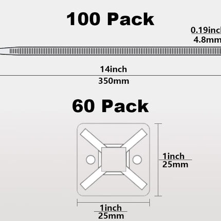 Oksdown 100 pieces cable ties black 350×4.8mm long nylon plastic large cable zip ties 60 pieces strong mounting base adhesive base screw base 25 x 25 mm cable ties set cable strap cable management