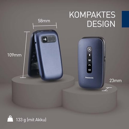 Panasonic KX-TU550EXC 4G Essentials karbikujuline mobiiltelefon seenioridele, 1,2 MP kaamera, seenioride telefon suure 2,8-tollise ekraaniga, 300 tundi ooteaega, sinine