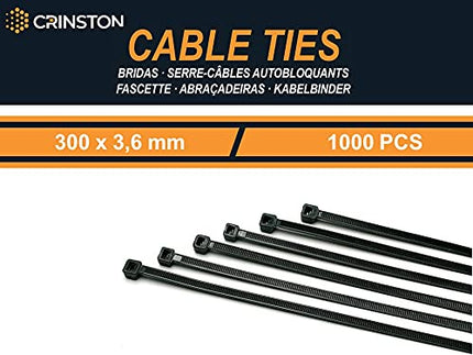 CRINSTON - 1000 cable ties 300 x 3.6 mm - UV-resistant - Minimum tensile strength 18.3 kg - Black.