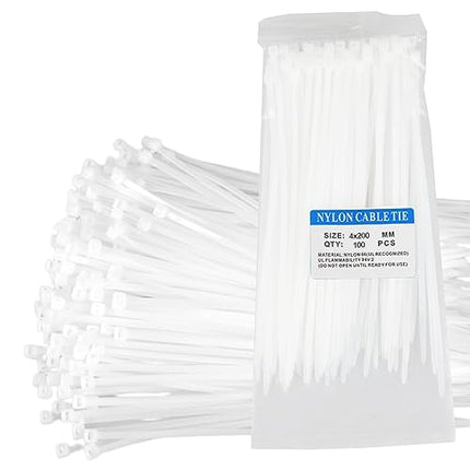 Nylon Cable Ties 200 mm x 3.6 mm Plastic Secure Self-Locking Mechanism for Home, Garden, Office and DIY Use, White, Pack of 200