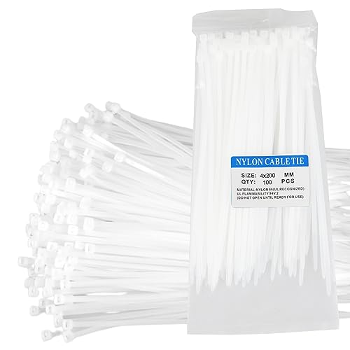 Nylon Cable Ties 200 mm x 3.6 mm Plastic Secure Self-Locking Mechanism for Home, Garden, Office and DIY Use, White, Pack of 200