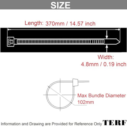 TERF® metallhammastega kaablisidemed, 370 mm x 4,8 mm, vastupidavad nailonist kaablisidemed, turvaline isesulguv mehhanism, plastkaablisidemed koju, kontorisse, aeda, töökotta, lattu, isetegemiseks