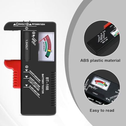 Analog Battery Tester Household Battery Tester BT-168 Small Multi Size Battery Tester for AA AAA CD 15V 9V Button Cell Batteries Ideal for Home School Office No batteries required for operation