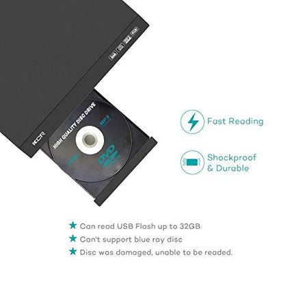 DVD player for TV, DVD/CD/MP3/MP4, with USB port, HDMI output and AV (HDMI and AV cables included), remote control (without Blu-Ray), color: black, region-free