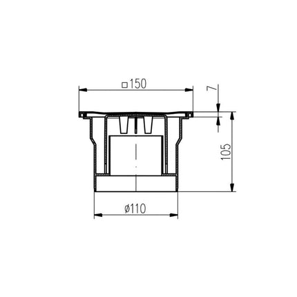 Shower drain, bathroom drain, floor drain 150 x 150 mm DNS 110 N in stainless steel (323 N)