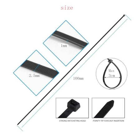 EzySup Small Cable Ties, Mini Cable Ties, 100 mm x 2.5 mm, Tensile Strength 8 kg, 1000 Pieces, Black