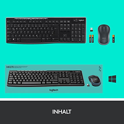 Logitech MK270 Combo Keyboard and Wireless Mouse with Wireless Nano Receiver (QWERTZ- German Keyboard Layout) Black