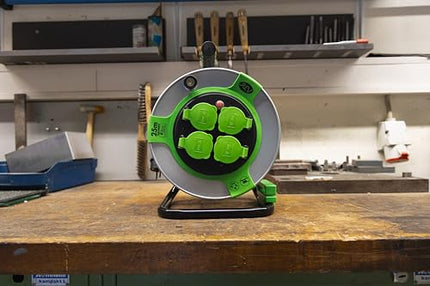 REV EX cable reel, 25m, H05RR, IP44, 3000W, with sliding contact, outdoor cable reel, 4 sockets, green