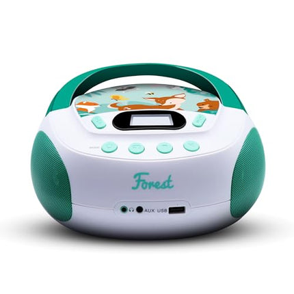 mooov 477147 CD-mängija lastele kõlarite, USB, kõrvaklapipesa ja AUX-IN-pordiga - kaasaskantav Boombox CD-mängija - vooluvõrgust või patareidest töötav - mudel Forest - roheline/valge