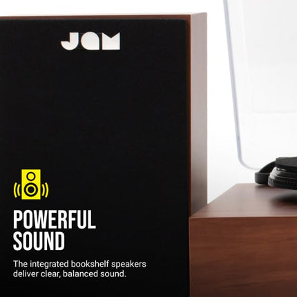 JAM Turntable with Speakers – Bluetooth Record Player with Bookshelf Speakers, 3-Speed ​​Vinyl Player with Dust Cover, Pre-Adjusted Tonearm, Vinyl Cleaner Included, Walnut