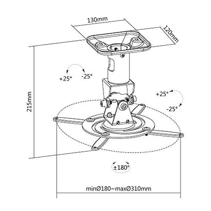 PureMounts Spider-Plus projektori laekinnitus, kallutatav 25°, pööratav, kaugus laest: 225 mm, maksimaalne kandevõime 15 kg, aukude vahe 180-310 mm, hõbedane