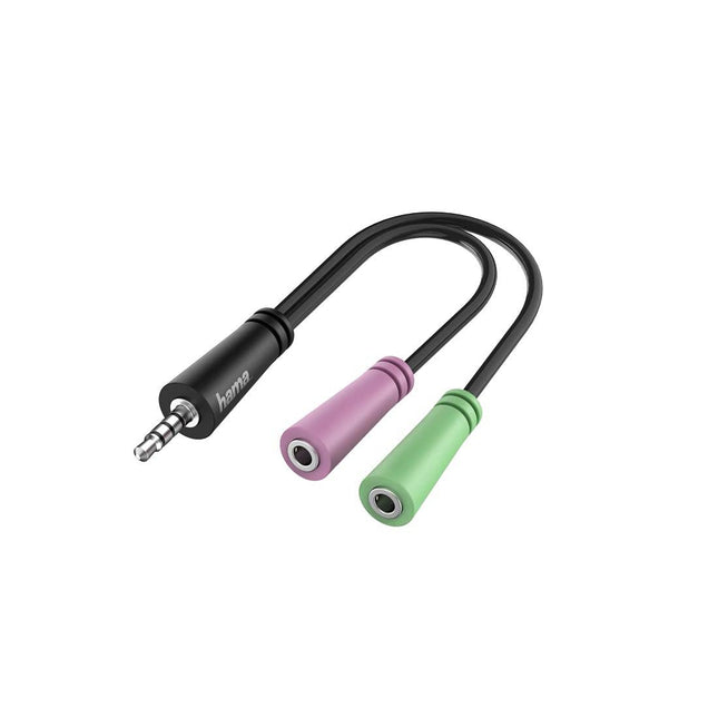 Hama heliadapter (4-kontaktiline 3,5 mm pistik - 2x 3-kontaktiline 3,5 mm pistikupesa, stereopesa adapter sülearvutite, mobiiltelefonide ja tahvelarvutite ühendamiseks 3-kontaktiliste peakomplektide ja mikrofoniga kõrvaklappidega)