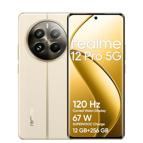 Realme 12 Pro 5G nutitelefon, 12+256 GB, Sony portreekaamera 2X optilise suumiga, IMX882 OIS-kaamera, 6,7-tolline 120Hz kumer ekraan, 67W SUPERVOOC laadimine, 5000mAh massiivne aku, beež