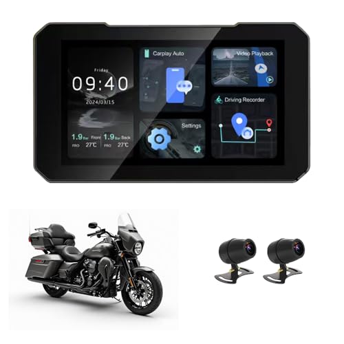 Pancarmate GPS Moto 5-tolline (12,7 cm) HD puutetundlik ekraan, veekindel IP68 – ühildub Apple CarPlay, Android Auto, Huawei HiCariga – esi- ja tagakaamerad 150° – universaalne kinnitus – integreeritud