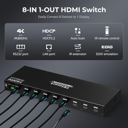 TESmart 8×1 HDMI-lüliti, 8 sisendit, 1 väljund, toetab 4K@60Hz HDCP 2.2, 19-tolliste rackmount kõrvaklappidega | RS-232/LAN-juhtimine | IR-kaugjuhtimispult ja automaatne lüliti | Automaatne skaneerimine eelseadistatud intervalliga, must