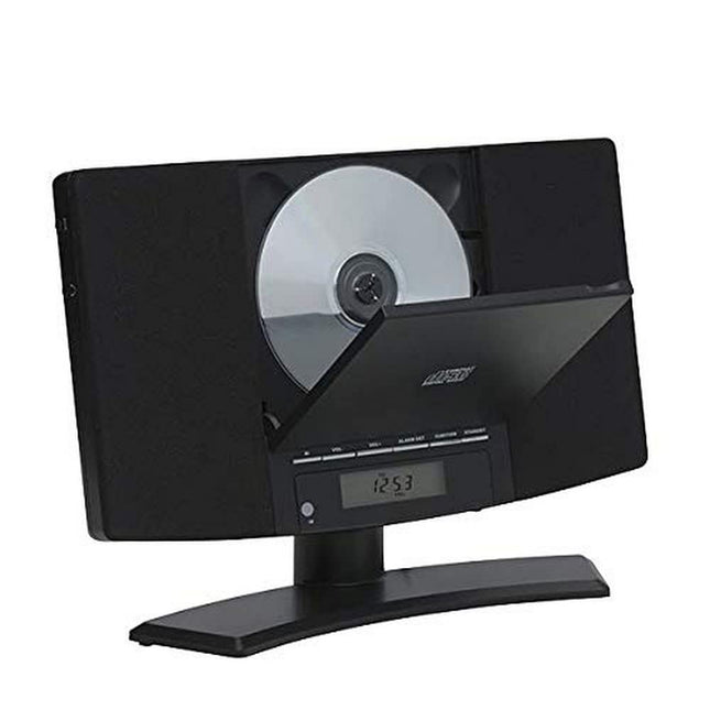 Denveri muusikakeskus (vertikaalne CD-mängija LCD-ekraaniga, AUX-sisend, seinakinnitus, äratuskell-raadio) must