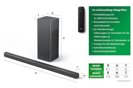 Philips TAB6309 Soundbar 2.1 juhtmevaba subwooferiga - 2.1 kanal 320W, DTS Virtual X, Bluetooth 5.4, HDMI ARC, optiline ja USB-ühendus - tumehall