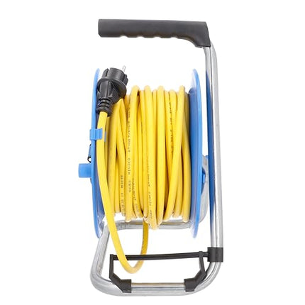 as - Schwabe cable drum 25 m armored cable K35 AT-N07V3V3-F 3G1.5 yellow, 3 earthing contact sockets with hinged lid, earthing contact plug, outdoor, IP44, blue, Made in Germany, 11004
