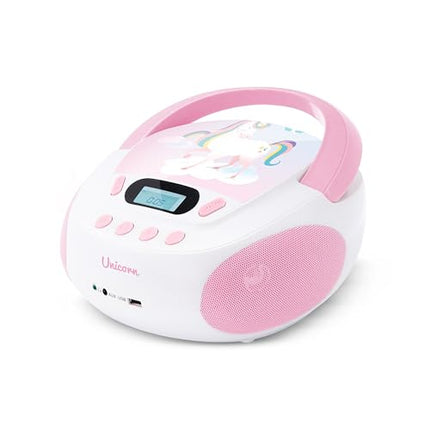 mooov 477407 CD-mängija lastele kõlarite, USB, kõrvaklapipesa ja AUX-IN-pordiga - kaasaskantav Boombox CD-mängija - töötab vooluvõrgust või patareidega - ükssarviku mudel - roosa/valge