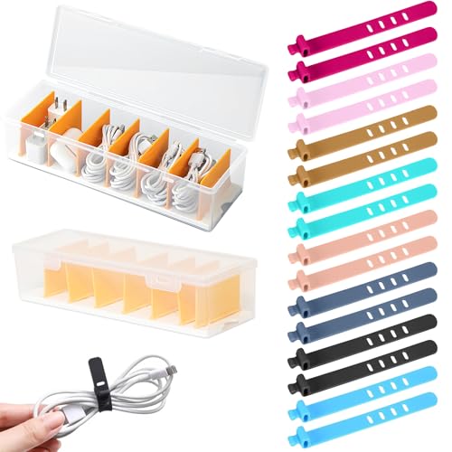 Cable tidy box with lid, 2 pieces cable management box with 7 compartments and 16 reusable cable ties, storage box for chargers and power strips